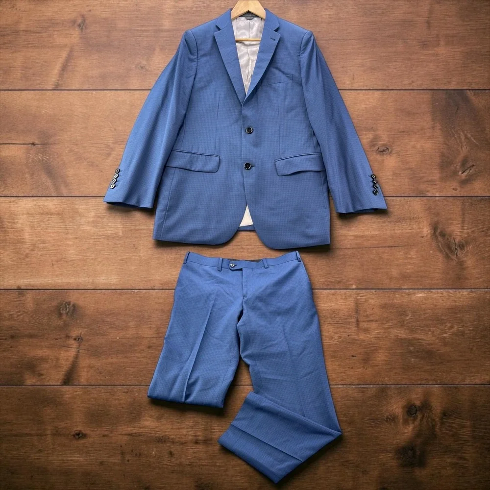 Indochino Mens 100% Wool 2 Piece Suit Slim Fit Blue Check 40R 32x30 Surgeon Cuff